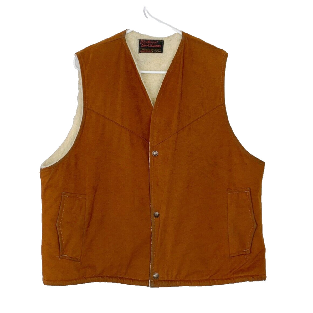 Vintage Fleetwood Sportswear Sherpa Western Faux Suede Snap Brown Vest Size XL